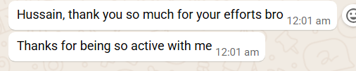 Screenshot of a client feedback message